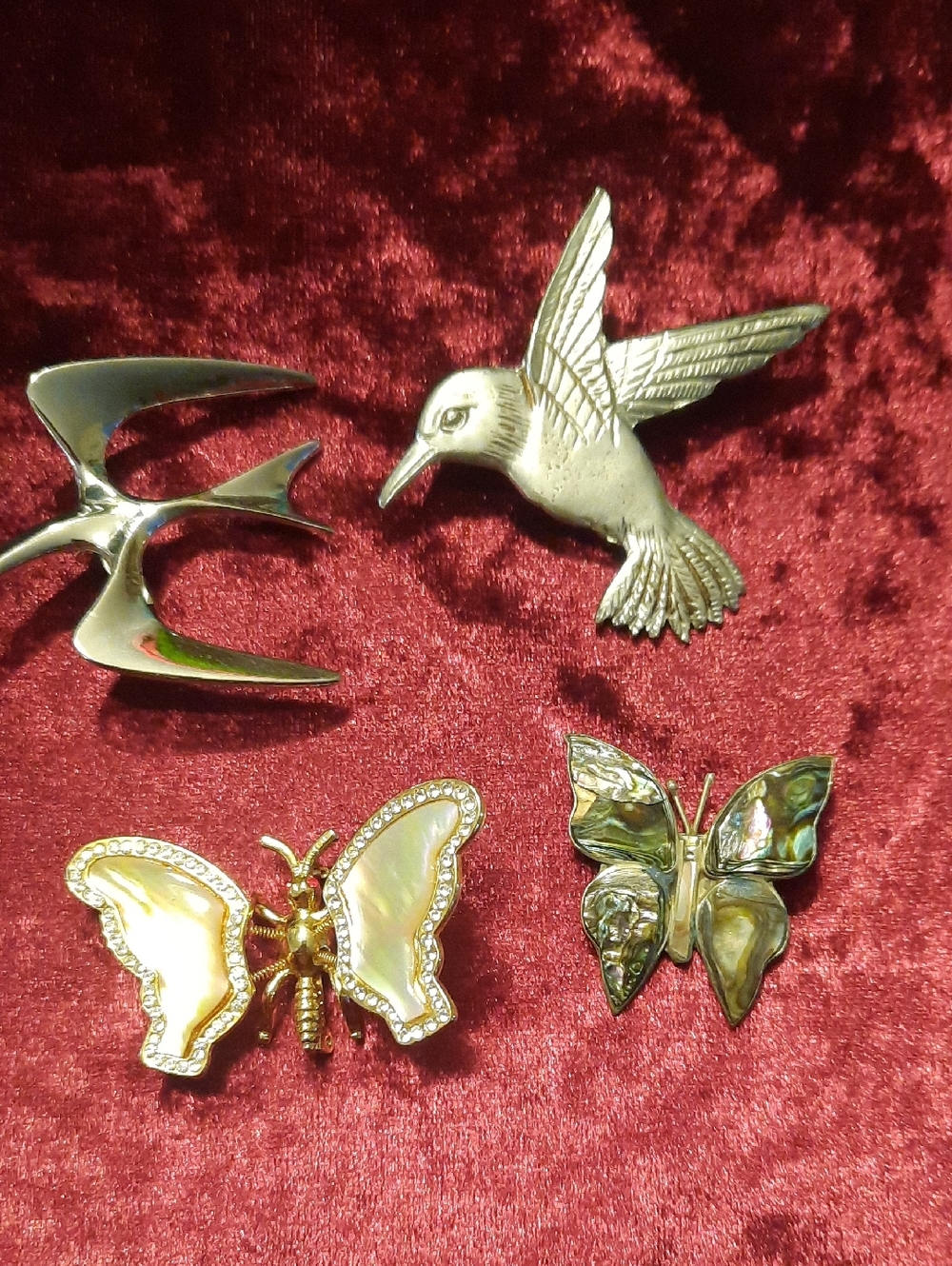 Vintage Bird & Butterfly Brooch Set - Silver & Iridescent Mother-of-Pearl